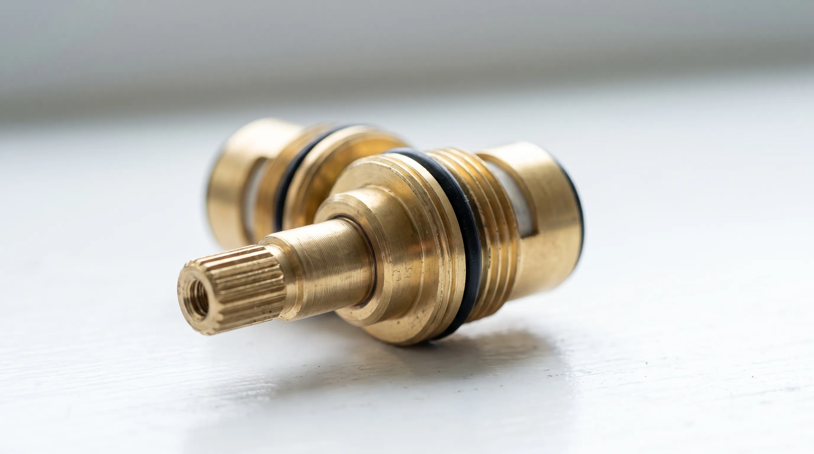 Illustrative macro study of a brass faucet cartridge